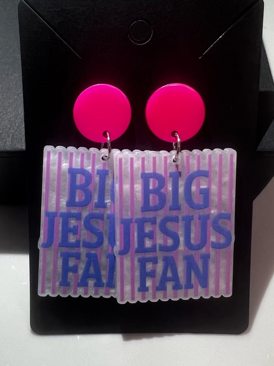 Beyond Grateful Jewelry - Big Jesus Fan Statement Earrings - Hot Pink & Blue